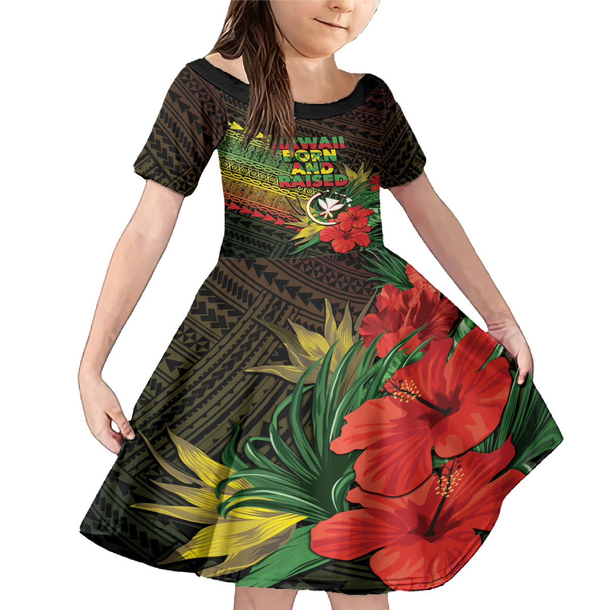 Personalized Hawaii Born and Raised Family Matching Mermaid Dress and Hawaiian Shirt Kanaka Maoli Flag Day LT05 Daughter's Dress Reggae - Polynesian Pride