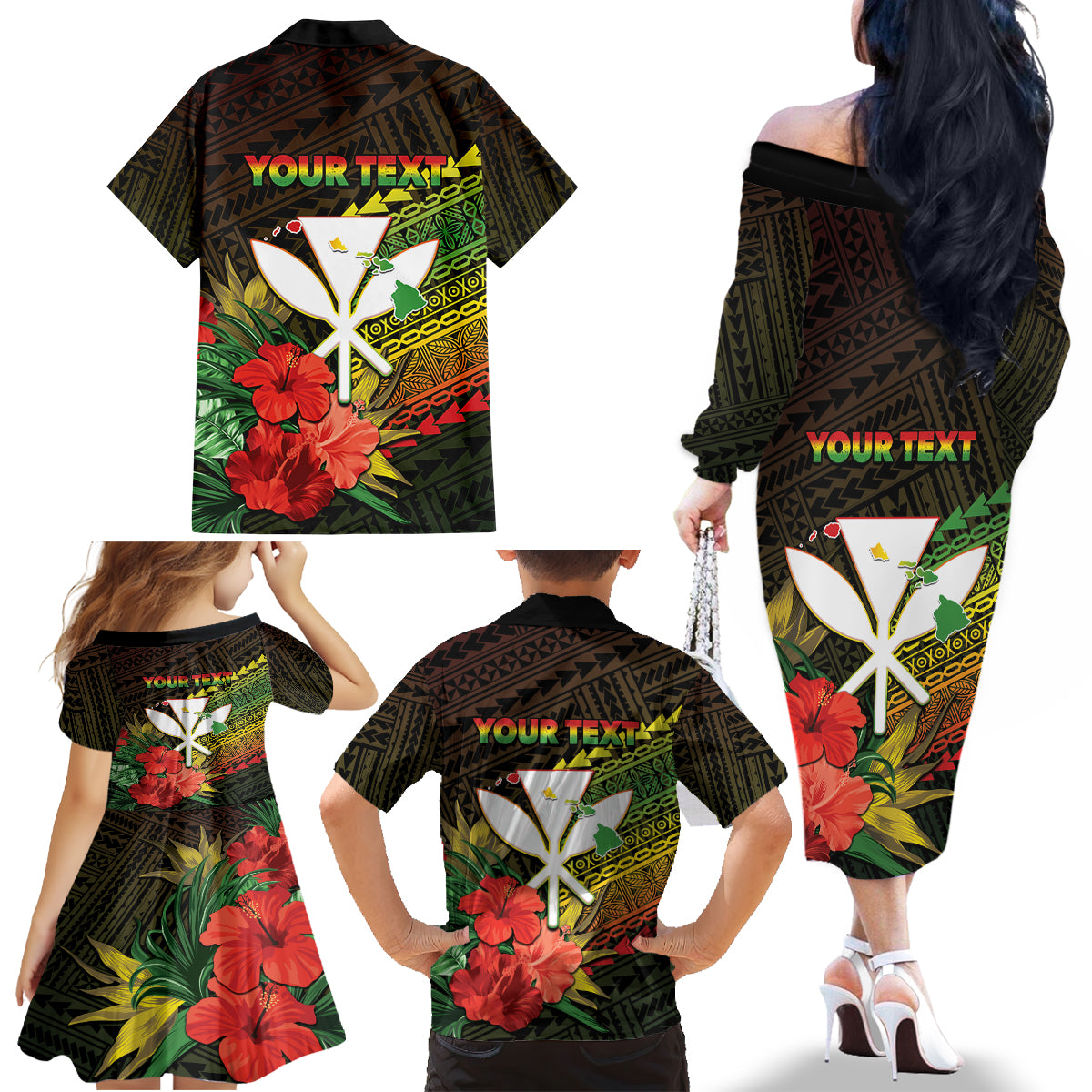 Personalized Hawaii Born and Raised Family Matching Off The Shoulder Long Sleeve Dress and Hawaiian Shirt Kanaka Maoli Flag Day LT05 - Polynesian Pride