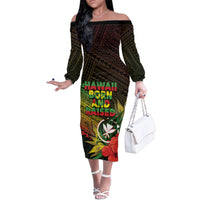Personalized Hawaii Born and Raised Family Matching Off The Shoulder Long Sleeve Dress and Hawaiian Shirt Kanaka Maoli Flag Day LT05 Mom's Dress Reggae - Polynesian Pride