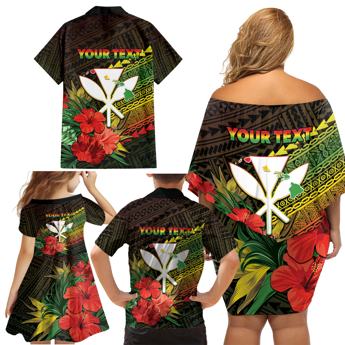 Personalized Hawaii Born and Raised Family Matching Off Shoulder Short Dress and Hawaiian Shirt Kanaka Maoli Flag Day LT05 - Polynesian Pride