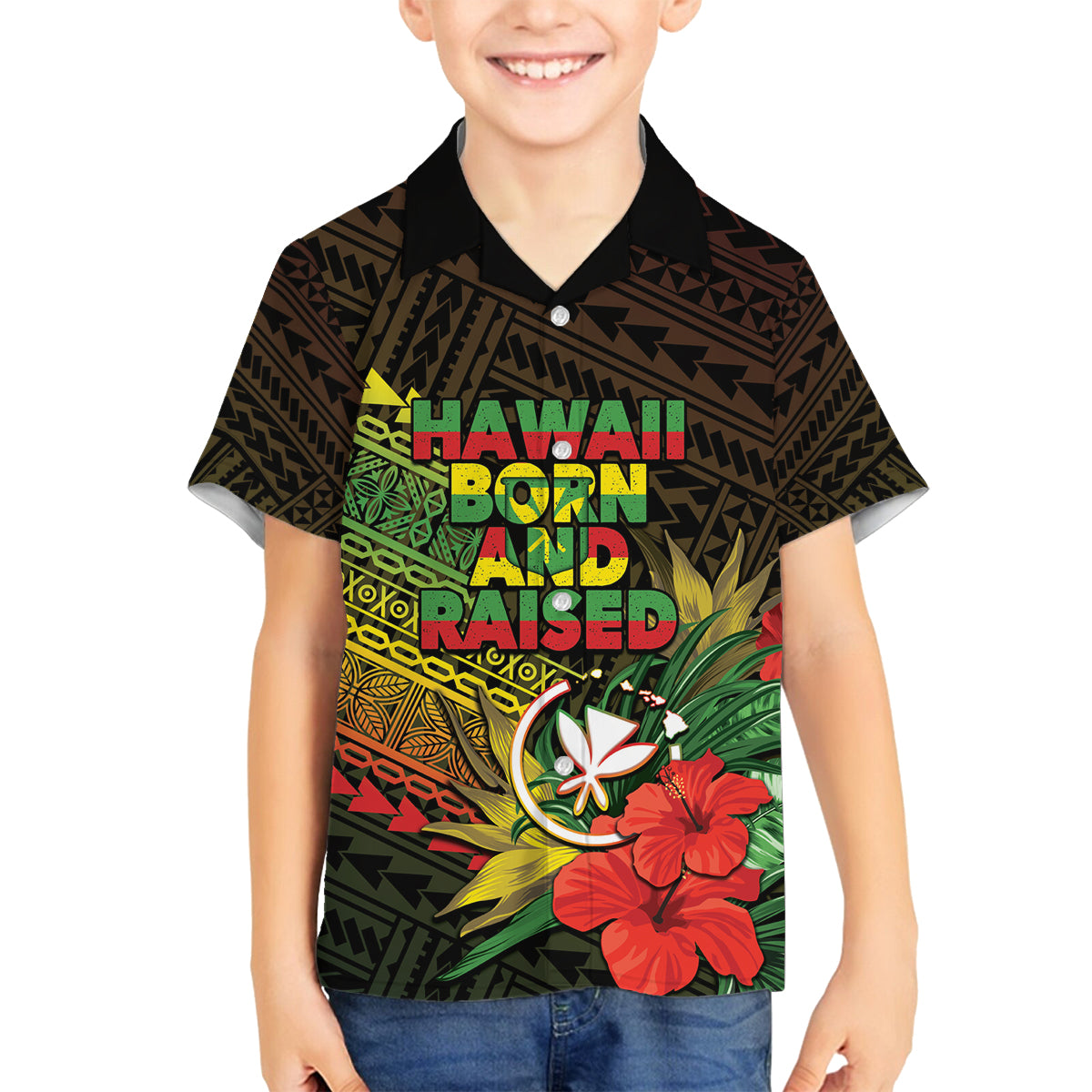 Personalized Hawaii Born and Raised Family Matching Off Shoulder Short Dress and Hawaiian Shirt Kanaka Maoli Flag Day LT05 Son's Shirt Reggae - Polynesian Pride