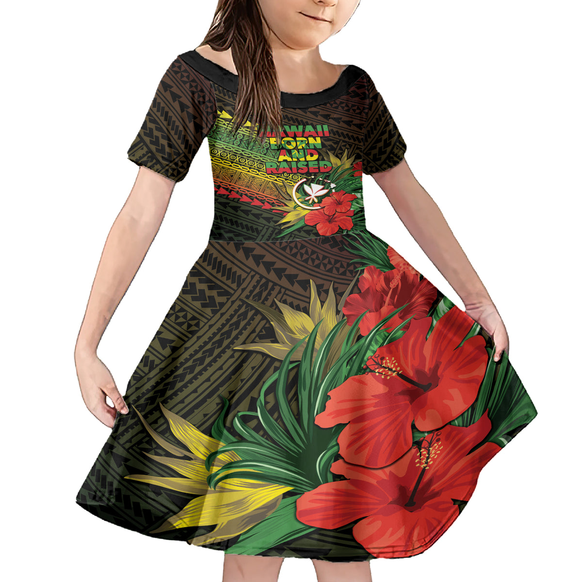 Personalized Hawaii Born and Raised Family Matching Short Sleeve Bodycon Dress and Hawaiian Shirt Kanaka Maoli Flag Day LT05 Daughter's Dress Reggae - Polynesian Pride