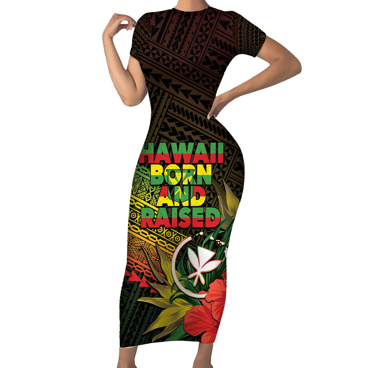 Personalized Hawaii Born and Raised Family Matching Short Sleeve Bodycon Dress and Hawaiian Shirt Kanaka Maoli Flag Day LT05 Mom's Dress Reggae - Polynesian Pride
