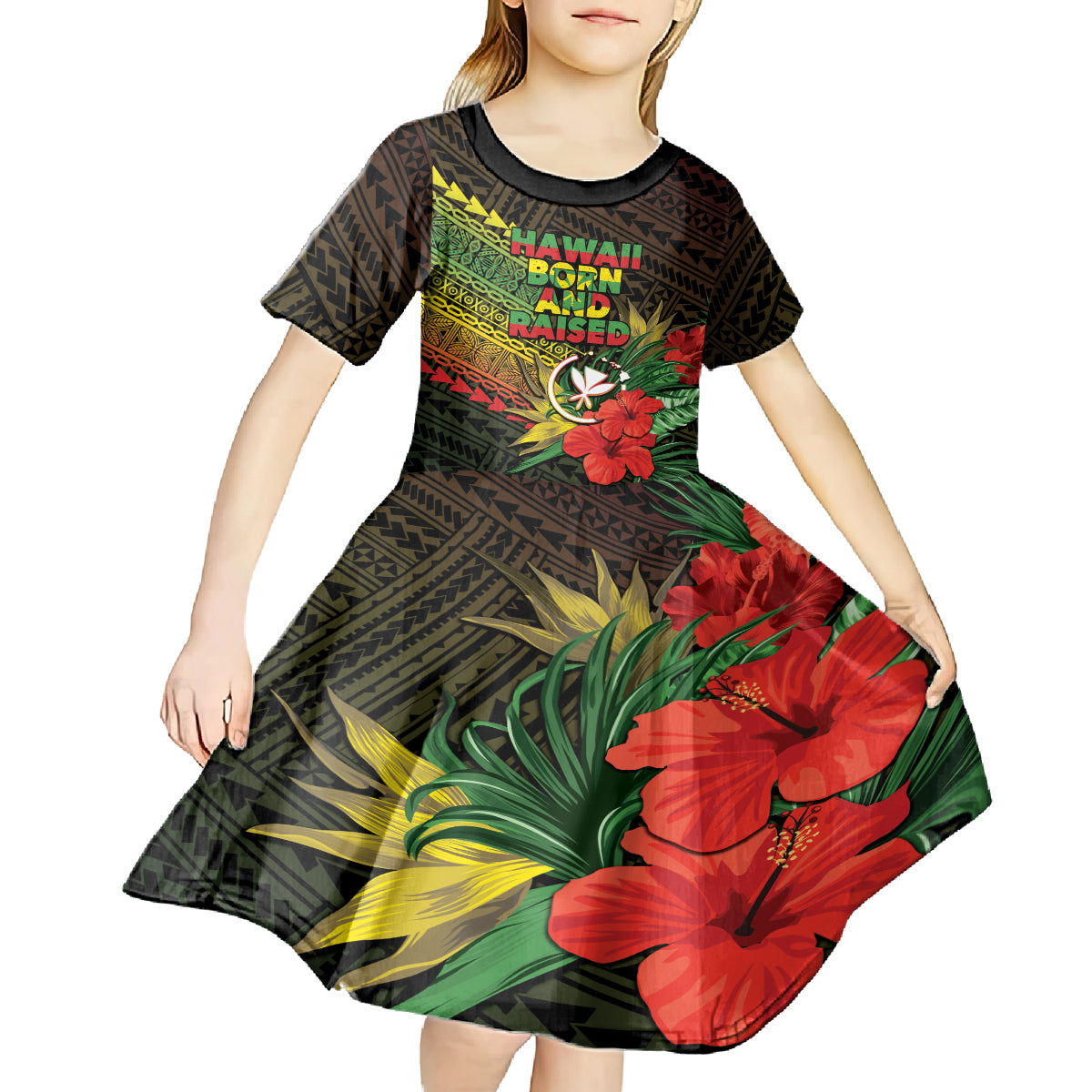 Personalized Hawaii Born and Raised Kid Short Sleeve Dress Kanaka Maoli Flag Day