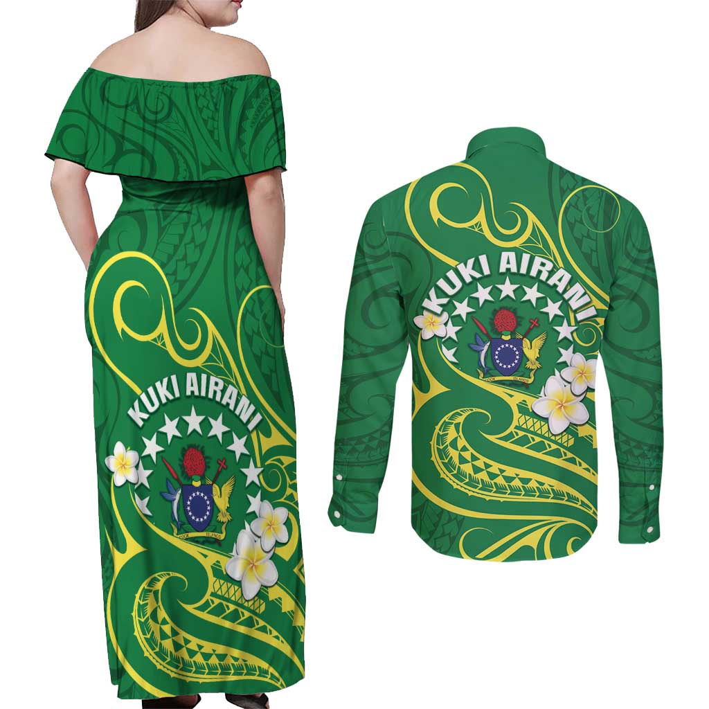 Cook Islands Happy Constitution Day Couples Matching Off Shoulder Maxi Dress and Long Sleeve Button Shirt Pattern Tribal Art
