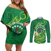 Cook Islands Happy Constitution Day Couples Matching Off Shoulder Short Dress and Long Sleeve Button Shirt Pattern Tribal Art