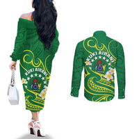 Cook Islands Happy Constitution Day Couples Matching Off The Shoulder Long Sleeve Dress and Long Sleeve Button Shirt Pattern Tribal Art