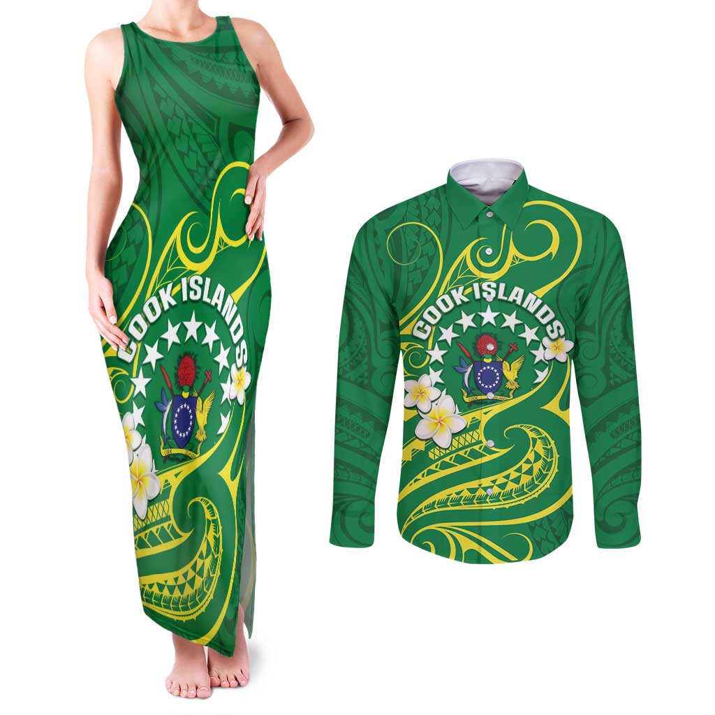 Cook Islands Happy Constitution Day Couples Matching Tank Maxi Dress and Long Sleeve Button Shirt Pattern Tribal Art