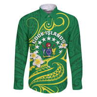 Cook Islands Happy Constitution Day Family Matching Off The Shoulder Long Sleeve Dress and Hawaiian Shirt Pattern Tribal Art LT05 Dad's Shirt - Long Sleeve Green - Polynesian Pride