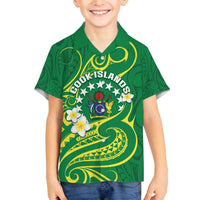 Cook Islands Happy Constitution Day Family Matching Off The Shoulder Long Sleeve Dress and Hawaiian Shirt Pattern Tribal Art LT05 Son's Shirt Green - Polynesian Pride