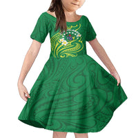 Cook Islands Happy Constitution Day Family Matching Short Sleeve Bodycon Dress and Hawaiian Shirt Pattern Tribal Art LT05 Daughter's Dress Green - Polynesian Pride
