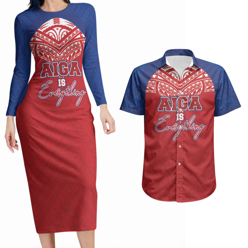 Aiga Samoa Couples Matching Long Sleeve Bodycon Dress and Hawaiian Shirt Aiga Is Everything LT05 Red - Polynesian Pride