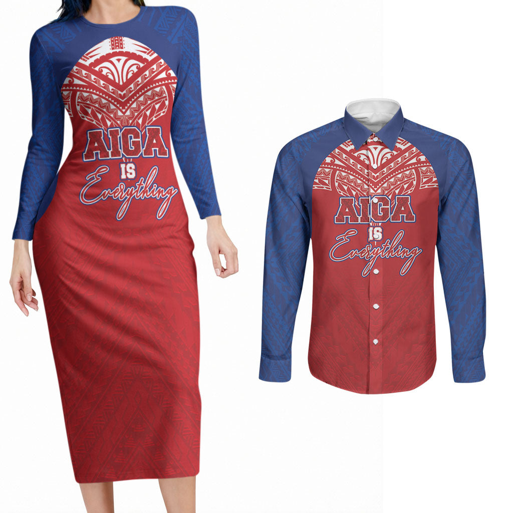Aiga Samoa Couples Matching Long Sleeve Bodycon Dress and Long Sleeve Button Shirt Aiga Is Everything LT05 Red - Polynesian Pride