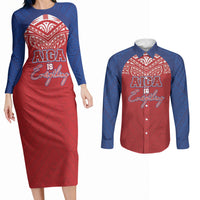 Aiga Samoa Couples Matching Long Sleeve Bodycon Dress and Long Sleeve Button Shirt Aiga Is Everything LT05 Red - Polynesian Pride