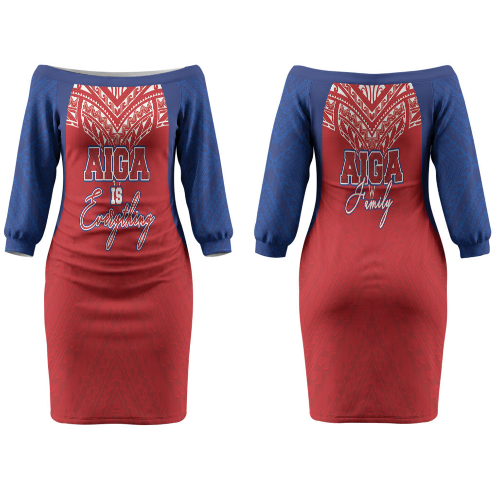 Aiga Samoa Couples Matching Off The Shoulder Long Sleeve Dress and Hawaiian Shirt Aiga Is Everything LT05 - Polynesian Pride