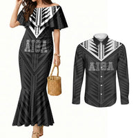 Samoa Aiga Couples Matching Mermaid Dress and Long Sleeve Button Shirt Samoan Tribal Pattern LT05 Black - Polynesian Pride