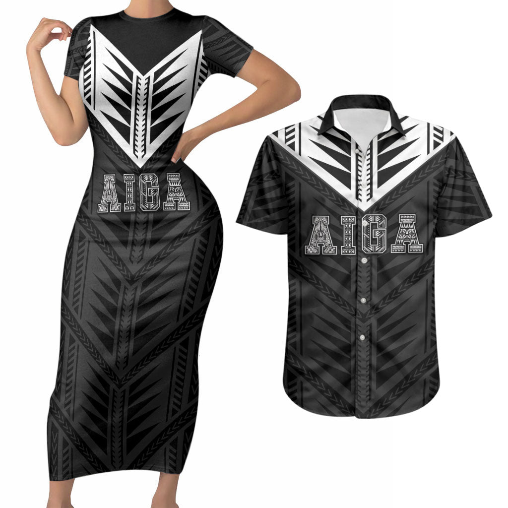 Samoa Aiga Couples Matching Short Sleeve Bodycon Dress and Hawaiian Shirt Samoan Tribal Pattern LT05 Black - Polynesian Pride