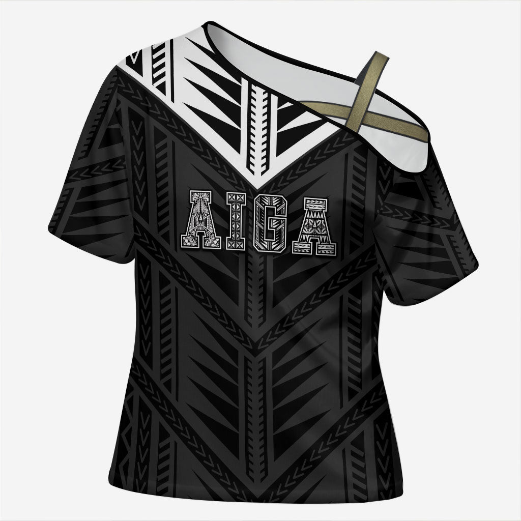 Samoa Aiga Cross Shoulder Shirt Samoan Tribal Pattern LT05 Female Black - Polynesian Pride