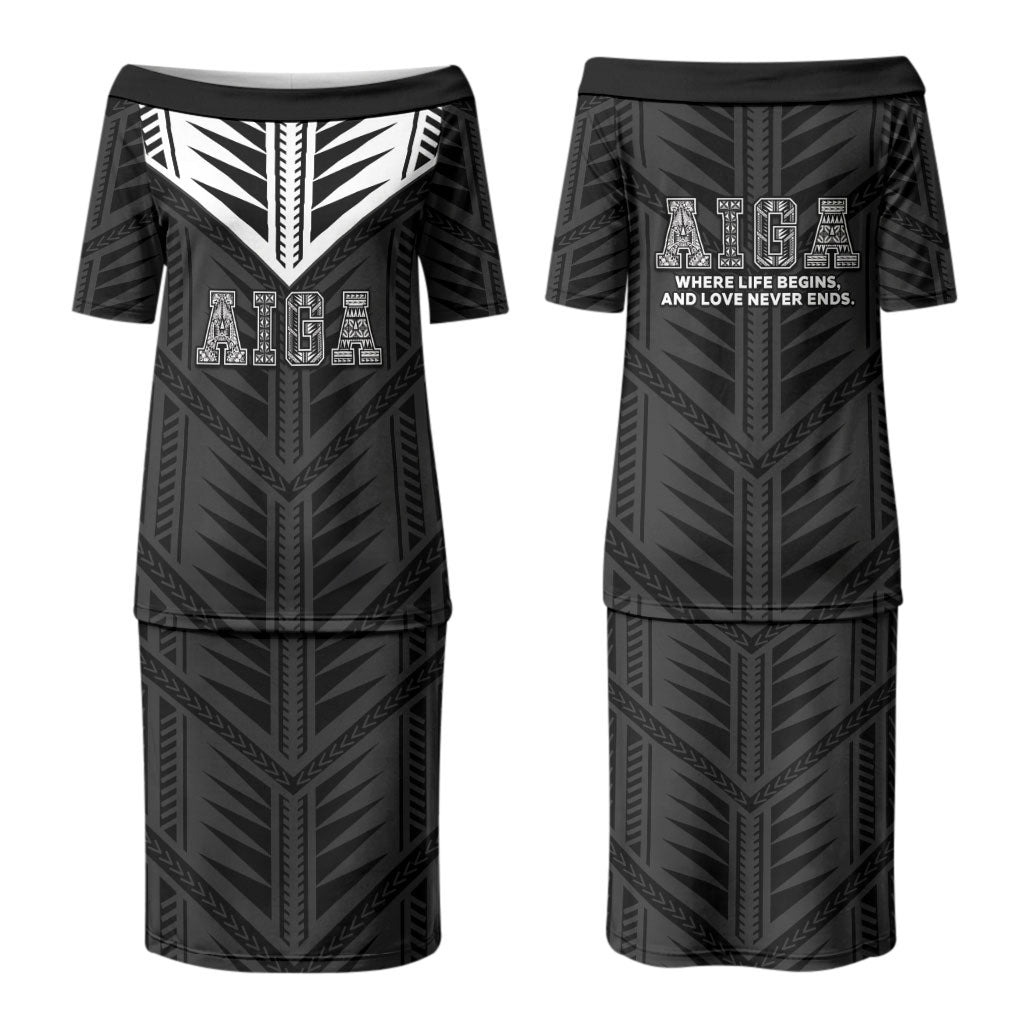 Samoa Aiga Family Matching Puletasi and Hawaiian Shirt Samoan Tribal Pattern LT05 Mom's Dress Black - Polynesian Pride