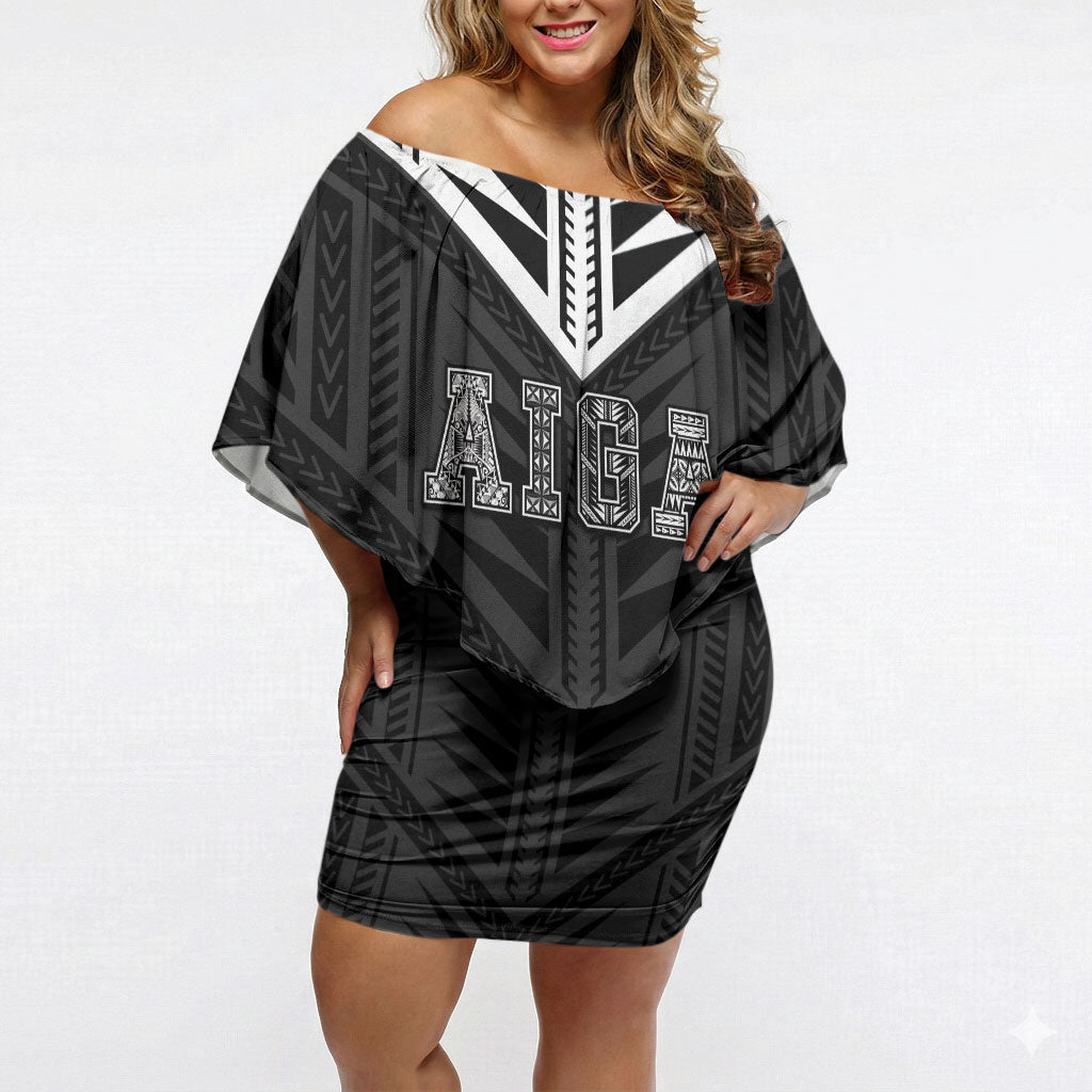 Samoa Aiga Off Shoulder Short Dress Samoan Tribal Pattern LT05 Women Black - Polynesian Pride