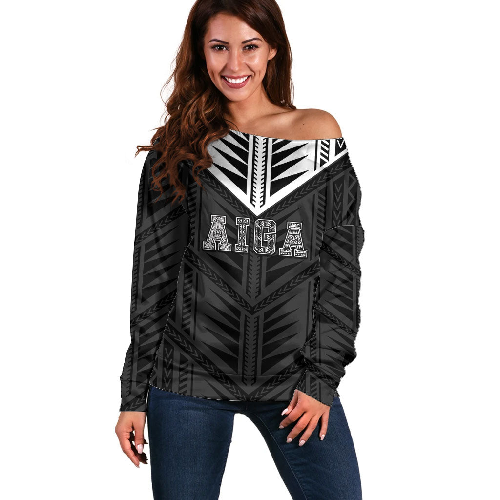 Samoa Aiga Off Shoulder Sweater Samoan Tribal Pattern LT05 Women Black - Polynesian Pride