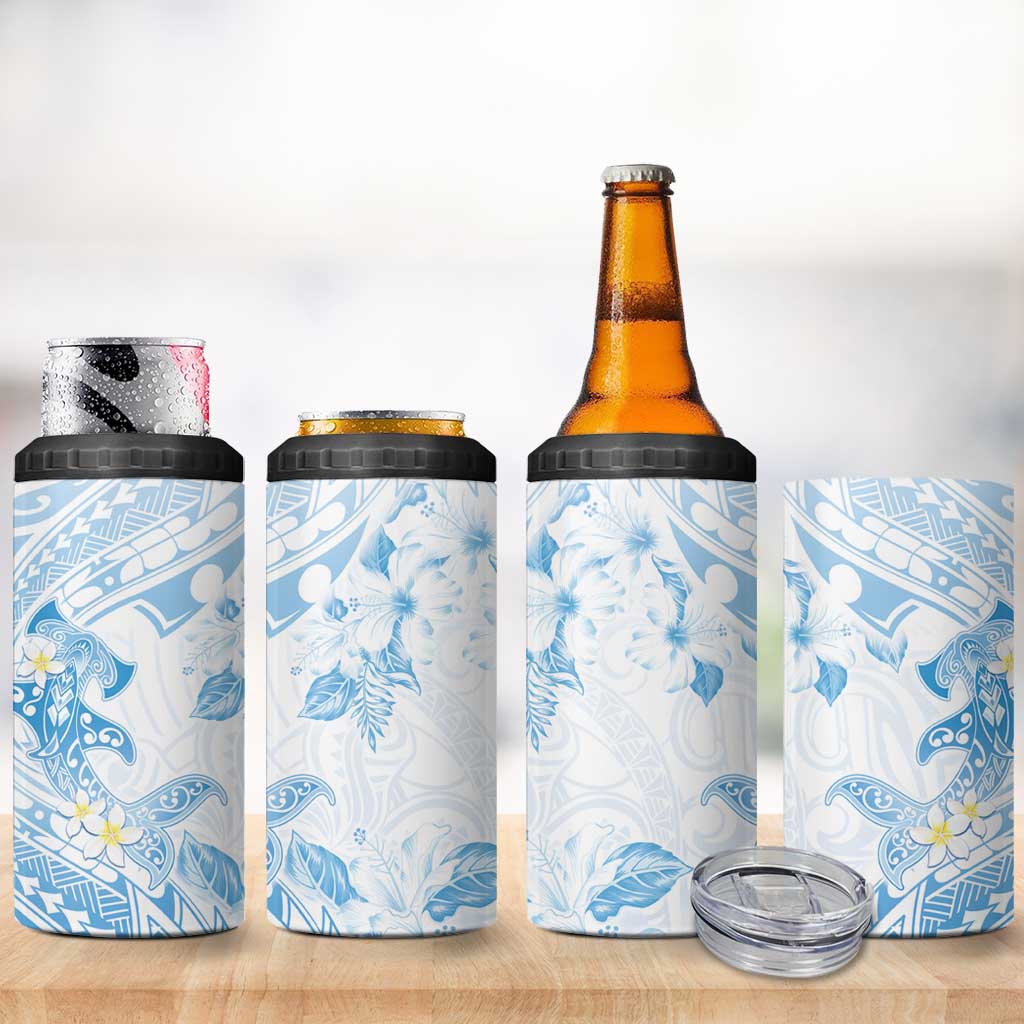 Polynesia Hammerhead Shark 4 in 1 Can Cooler Tumbler Tropical Flowers Tribal Pattern Blue