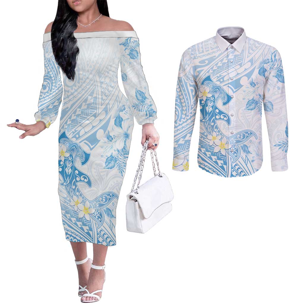 Polynesia Hammerhead Shark Couples Matching Off The Shoulder Long Sleeve Dress and Long Sleeve Button Shirt Tropical Flowers Tribal Pattern Blue LT05 Blue - Polynesian Pride