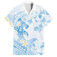 Polynesia Hammerhead Shark Family Matching Off The Shoulder Long Sleeve Dress and Hawaiian Shirt Tropical Flowers Tribal Pattern Blue
