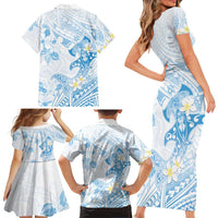 Polynesia Hammerhead Shark Family Matching Short Sleeve Bodycon Dress and Hawaiian Shirt Tropical Flowers Tribal Pattern Blue