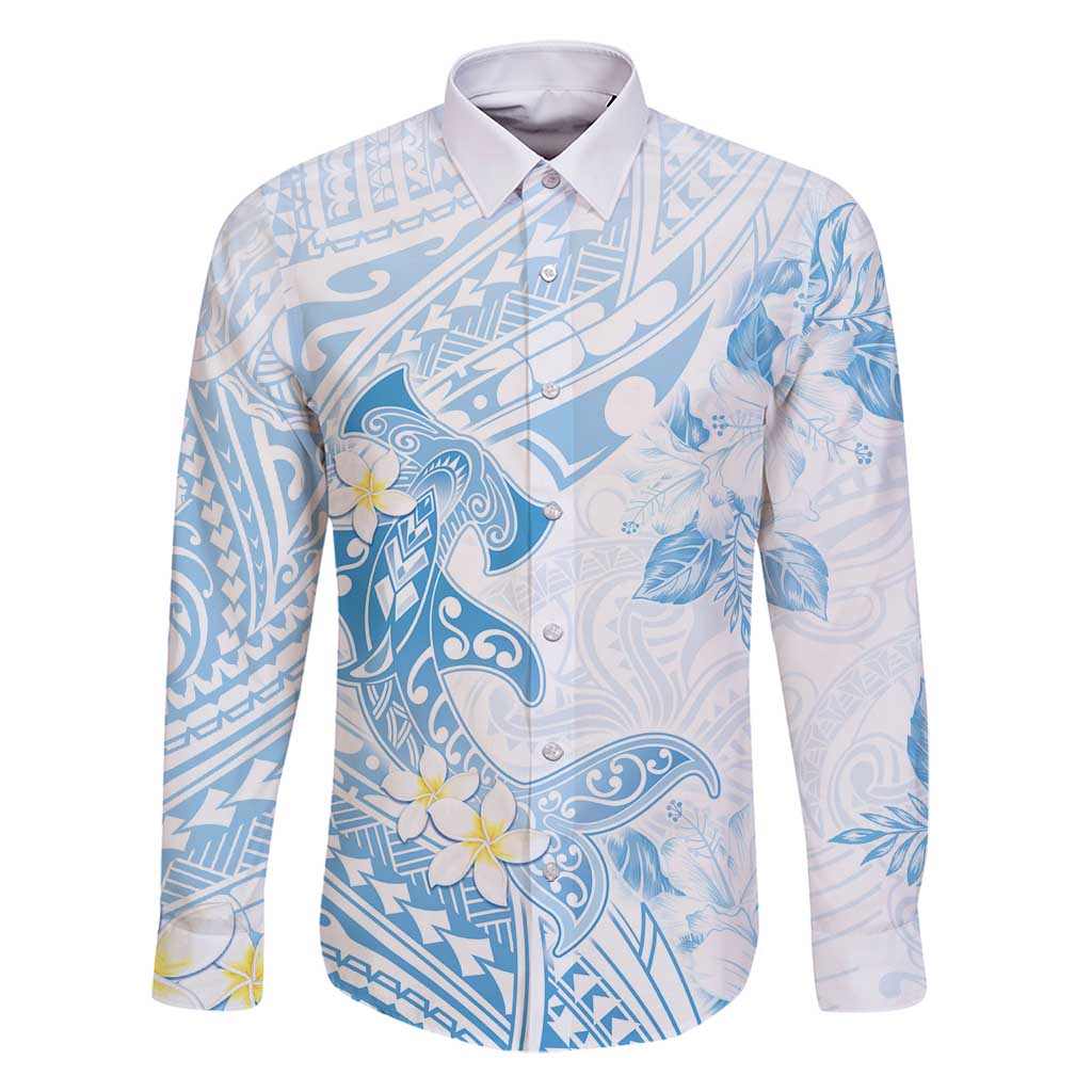 Polynesia Hammerhead Shark Family Matching Tank Maxi Dress and Hawaiian Shirt Tropical Flowers Tribal Pattern Blue