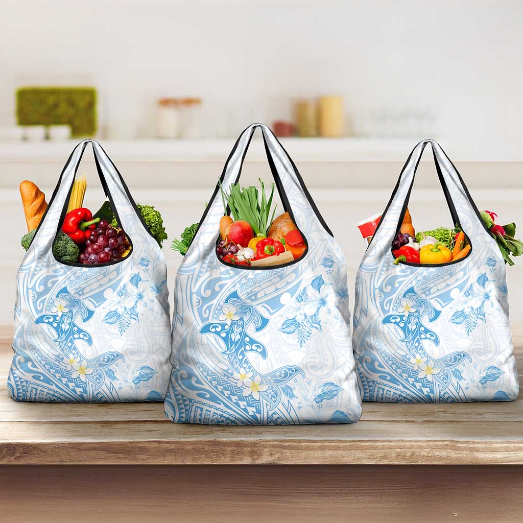 Polynesia Hammerhead Shark Grocery Bag Tropical Flowers Tribal Pattern Blue