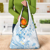 Polynesia Hammerhead Shark Grocery Bag Tropical Flowers Tribal Pattern Blue