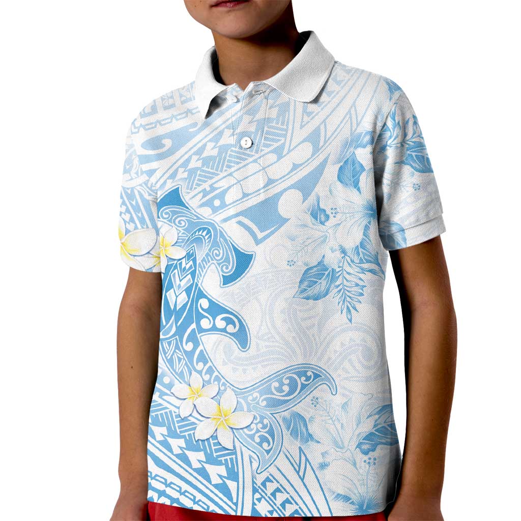 Polynesia Hammerhead Shark Kid Polo Shirt Tropical Flowers Tribal Pattern Blue