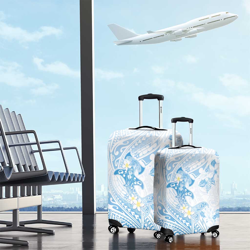 Polynesia Hammerhead Shark Luggage Cover Tropical Flowers Tribal Pattern Blue