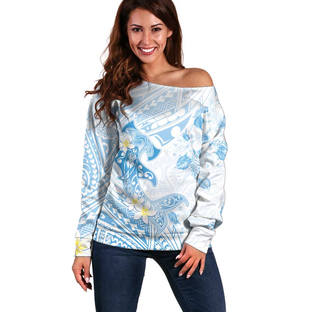 Polynesia Hammerhead Shark Off Shoulder Sweater Tropical Flowers Tribal Pattern Blue LT05 Women Blue - Polynesian Pride