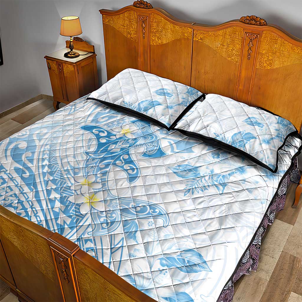 Polynesia Hammerhead Shark Quilt Bed Set Tropical Flowers Tribal Pattern Blue