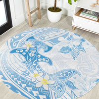 Polynesia Hammerhead Shark Round Carpet Tropical Flowers Tribal Pattern Blue