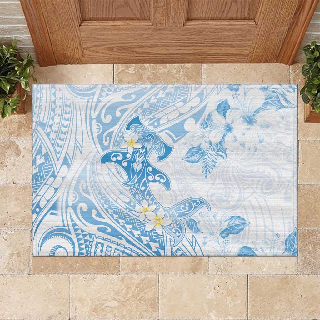 Polynesia Hammerhead Shark Rubber Doormat Tropical Flowers Tribal Pattern Blue