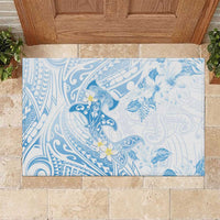 Polynesia Hammerhead Shark Rubber Doormat Tropical Flowers Tribal Pattern Blue