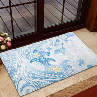 Polynesia Hammerhead Shark Rubber Doormat Tropical Flowers Tribal Pattern Blue