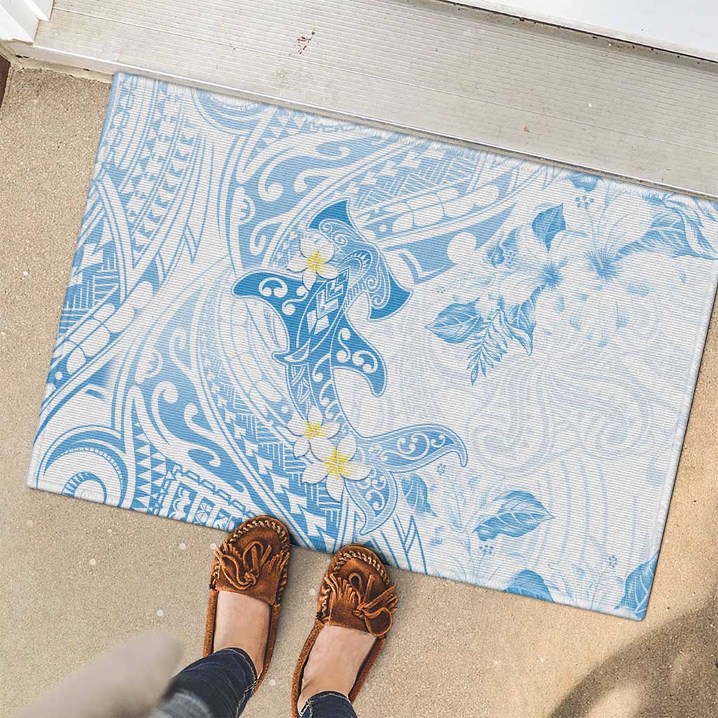 Polynesia Hammerhead Shark Rubber Doormat Tropical Flowers Tribal Pattern Blue