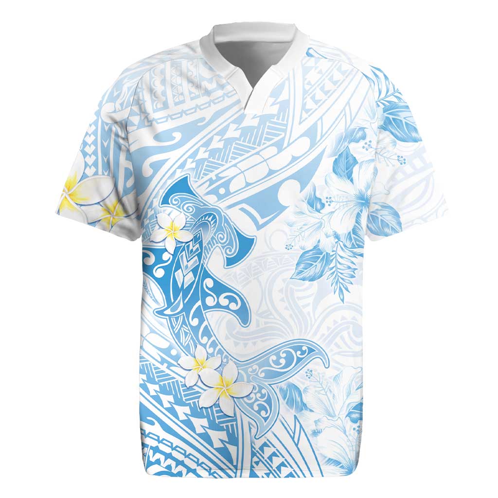 Polynesia Hammerhead Shark Rugby Jersey Tropical Flowers Tribal Pattern Blue LT05 Blue - Polynesian Pride
