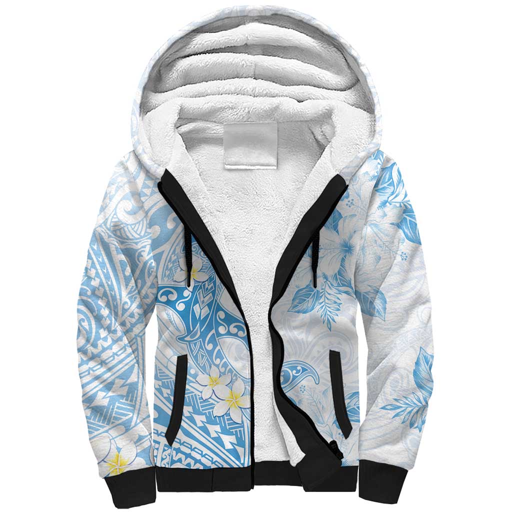 Polynesia Hammerhead Shark Sherpa Hoodie Tropical Flowers Tribal Pattern Blue LT05 Unisex Blue - Polynesian Pride