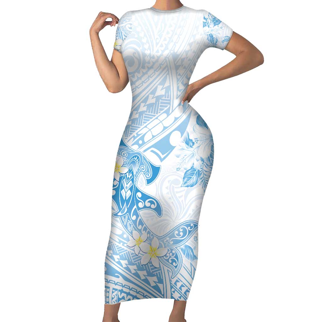 Polynesia Hammerhead Shark Short Sleeve Bodycon Dress Tropical Flowers Tribal Pattern Blue LT05 Long Dress Blue - Polynesian Pride