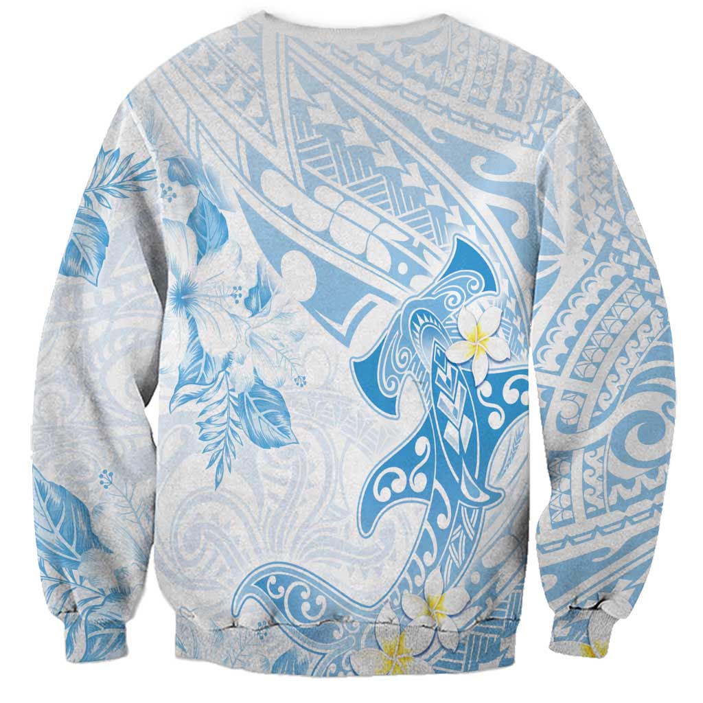 Polynesia Hammerhead Shark Sweatshirt Tropical Flowers Tribal Pattern Blue
