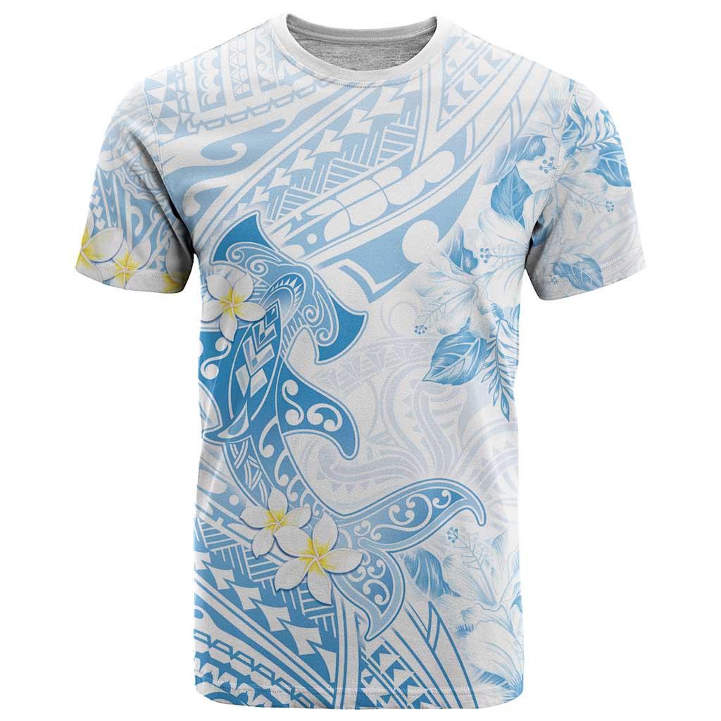 Polynesia Hammerhead Shark T Shirt Tropical Flowers Tribal Pattern Blue