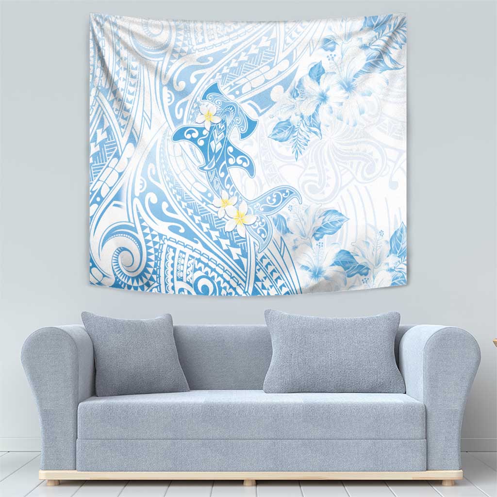 Polynesia Hammerhead Shark Tapestry Tropical Flowers Tribal Pattern Blue