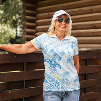 Polynesia Hammerhead Shark Women Polo Shirt Tropical Flowers Tribal Pattern Blue