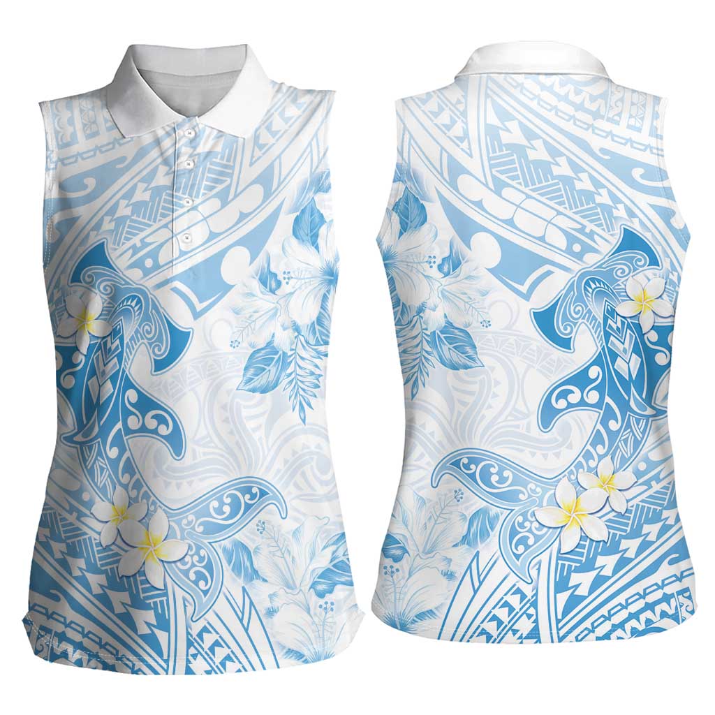 Polynesia Hammerhead Shark Women Sleeveless Polo Shirt Tropical Flowers Tribal Pattern Blue