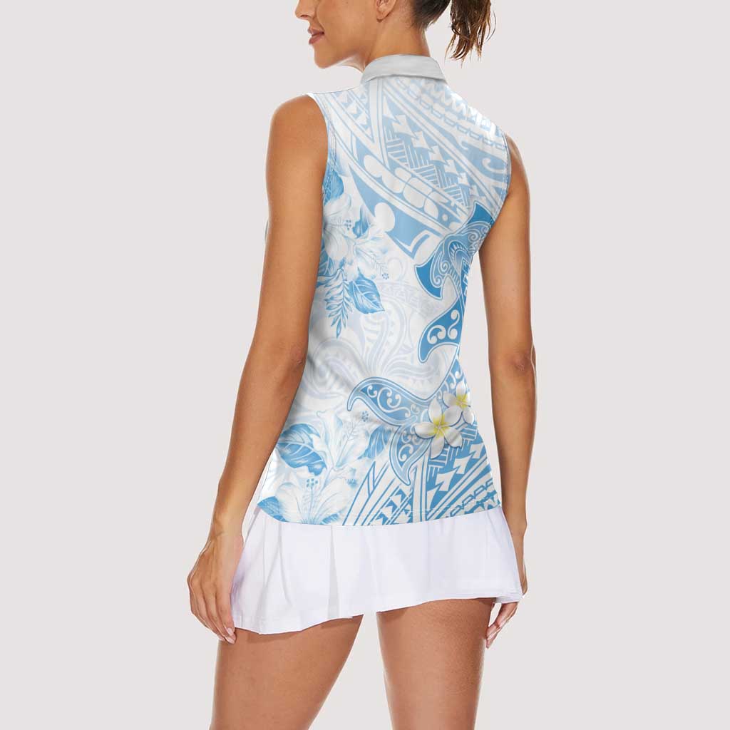 Polynesia Hammerhead Shark Women Sleeveless Polo Shirt Tropical Flowers Tribal Pattern Blue